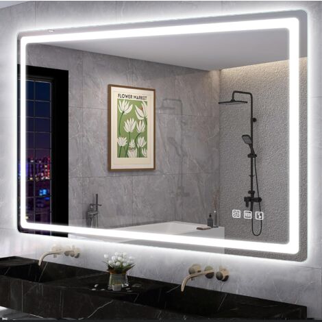 Miroir Lumineux de Salle de Bain, Bluetooth/ Désembuage/ 3 Couleur/ Dimmable, IP44 Blanc Miroir Salle de Bain Led 100x70 cm, S' bagno