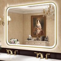 Miroir lumineux de salle de bain 100x70 cm – Éclairage LED désembuage – 3 températures de couleur – IP44 – Cadre en aluminium doré