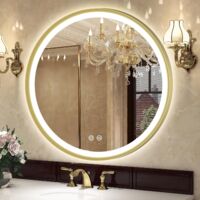 Miroir lumineux de salle de bain rond 60 cm – Éclairage LED 3 températures – Fonction désembuage – IP44 étanche – Cadre en aluminium doré
