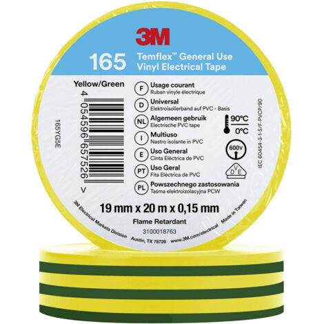 Isolierband Temflex 165 PVC 19mm x 20m 3M 7100184800 Gelb/Grün