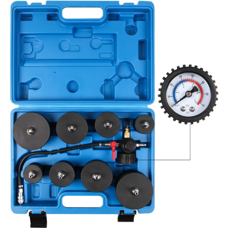Silverline 647951 - Kit Tester Pressione Radiatore Universale - Set 18 Pezzi Con Pompa, Manometro E 13 Adattatori