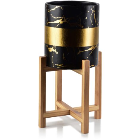 D'vine Dev Fioriera In Ceramica Con Supporto In Legno - Moderna, Rotonda, Bianca, Diametro 25,4 Cm, Con Sottovaso