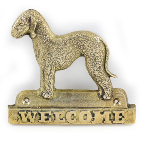 Bedlington Terrier, Rothbury Terrier - cartello porta con un cane, targa di benvenuto in ottone, cartello unico con la scritta Welcome di Art-Dog