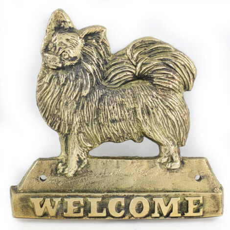 Chihuahua a pelo lungo - cartello porta con un cane, targa di benvenuto in ottone, cartello unico con la scritta Welcome di Art-Dog