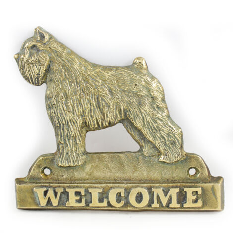 Bouvier des Flandres - cartello porta con un cane, targa di benvenuto in ottone, cartello unico con la scritta Welcome di Art-Dog