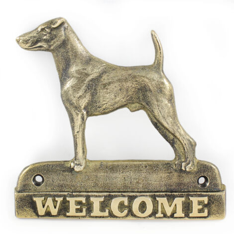 Fox terrier a pelo corto - cartello porta con un cane, targa di benvenuto in ottone, cartello unico con la scritta Welcome di Art-Dog