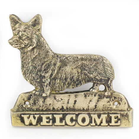 Pembroke Welsh Corgi - cartello porta con un cane, targa di benvenuto in ottone, cartello unico con la scritta Welcome di Art-Dog