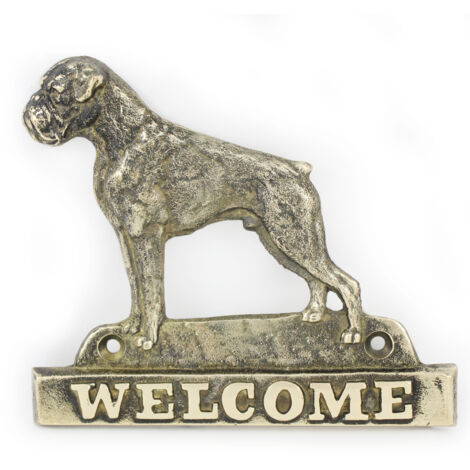 Boxer, Boxer I - un cartello per porta con un cane, una targa di benvenuto in ottone, un cartello unico con la scritta Welcome by Art-Dog