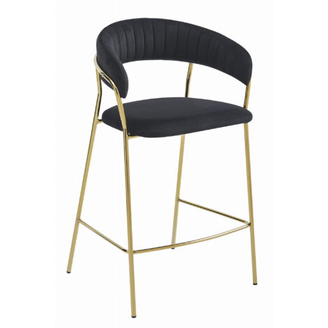 Set 4 Sgabelli Da Bar In Velluto Nero Con Gambe Dorate – Altezza 66 Cm, Imbottiti Con Schienale E Poggiapiedi