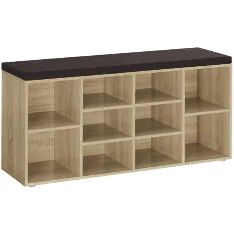 Scarpiera In Legno Con 10 Scomparti E Panchina | 104x30x48cm | Carico 150kg | Marrone/Nero - Foto 5