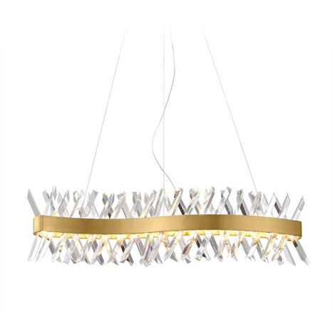 Amsterdam Long - Lampadario 85 cm, 3 colori LED, ottone spazzolato, cristallo K9, sopra il tavolo