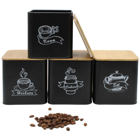 Set 3 Contenitori Metallici Per Tè, Caffè E Zucchero – 500 Ml, Ermetici, Neri, Con Scritte, 8,5x8,5x8 Cm - 2