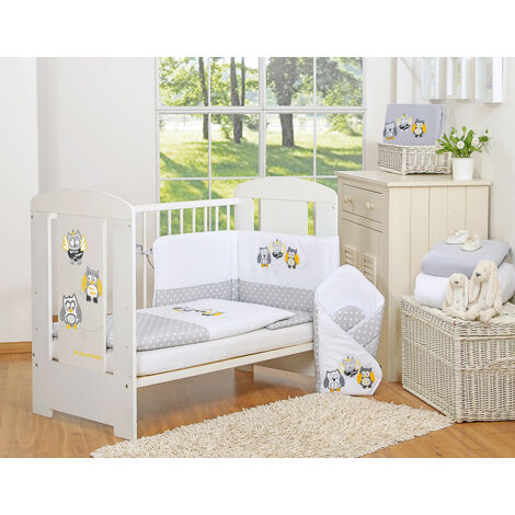 Set di biancheria da letto per bambini 120x90cm con paracolpi 3 pezzi, gufi grigi, con ricamo grigio e giallo (1/4)