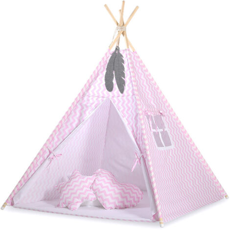 Tenda Tipi per bambini + materassino + pendenti di piume - Chevron rosa (1/5)
