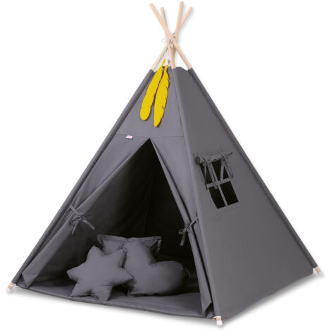 Tenda Tipi per bambini + materassino + cuscini + pendenti di piume - antracite (1/5)