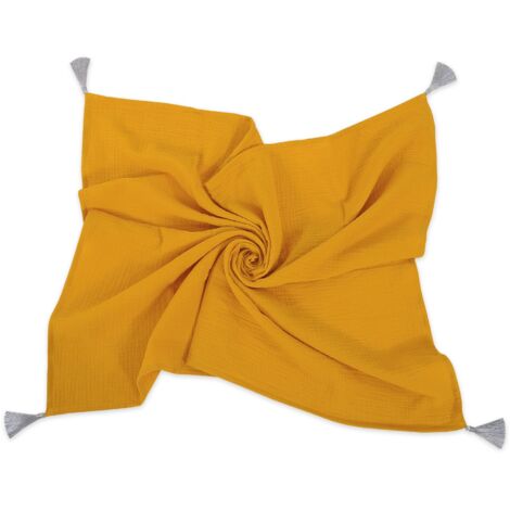 Copertina per neonati in mussola con nappe - senape (1/4)