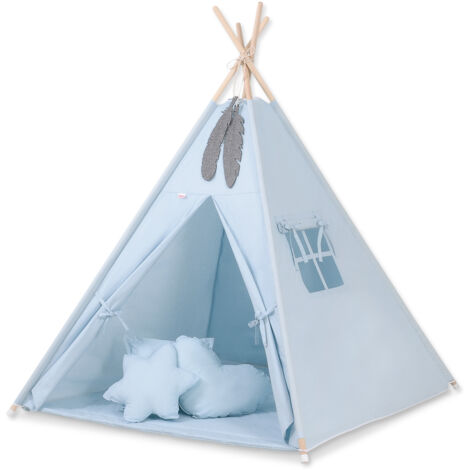 Tenda Tipi per bambini + materassino + cuscini + pendenti di piume - blu (1/5)