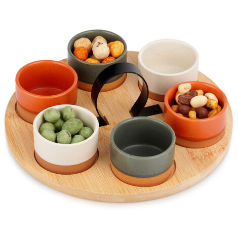 Set di ciotole su vassoio di legno per servire salse e snack 139748 (1/5)