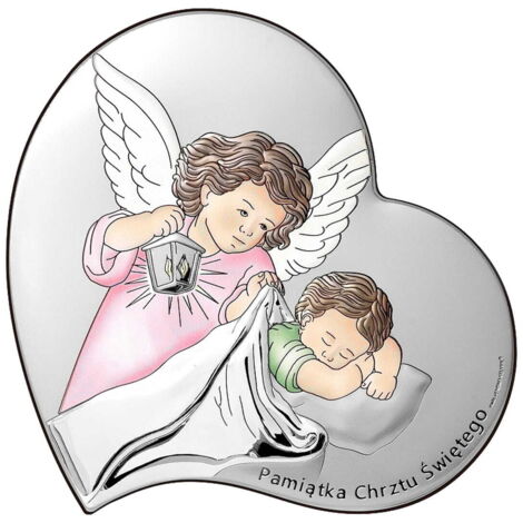 Quadro in argento, ricordo del Battesimo, cuore con angelo, rosa + incisione 6748S-RC 7 x 7 cm (1/5)