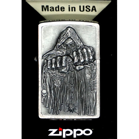Zippo Accendino Antivento Reaper Game Over 3D – Cromo Spazzolato, Ricaricabile, Confezione Regalo, Made In USA
