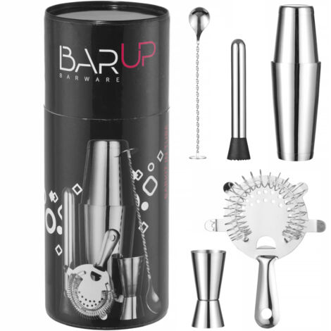 Set da barman in tubo, shaker, misurino, colino, pestello, cucchiaio - argento (1/5)