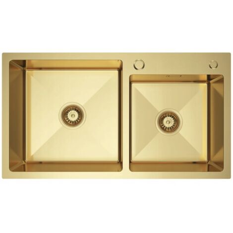 Lavello doppio NAYES 78x45, in acciaio inox, con rivestimento PVD color oro e dispenser d'acqua.