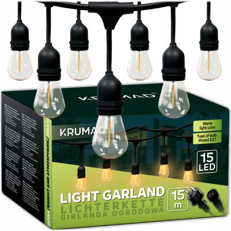 Ghirlanda luminosa a LED per giardino, luci da esterno, catena luminosa da 15 m, 15 lampadine