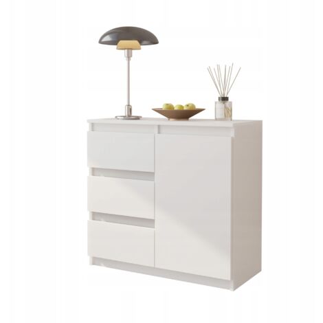 Cassettiera Mikel, bianco opaco, 3 cassetti, 1 anta, vano contenitore, larghezza 80 cm, soggiorno