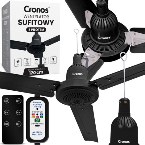 Ventilatore da soffitto Cronos FC11-120 da 120 cm, nero, con telecomando.
