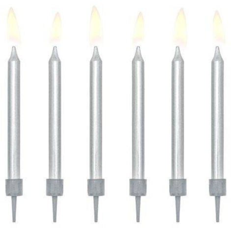 Candeline di compleanno lisce, color argento, confezione da 6 pezzi. (1/4)