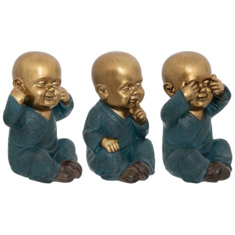 Set di 3 statuette di Buddha realizzate in poliresina, oro e blu (1/5)