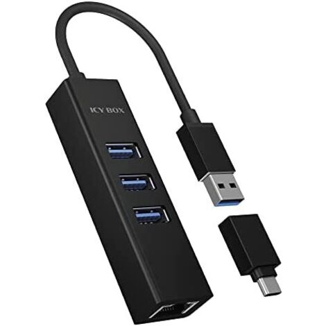 ICY BOX IB-HUB1419-LAN - Hub in alluminio a 3 porte USBUSB 3.0 con adattatore di rete Gigabit Ethernet RJ45, cavo di tipo A integrato con adattatore USB C per Windows e Mac OS X (1/5)