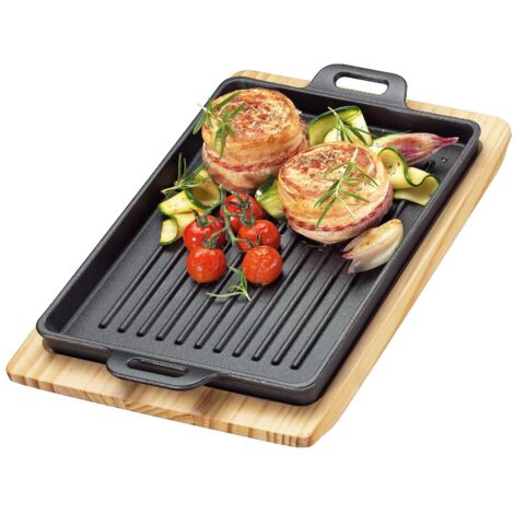 Küchenprofi BBQ 0305351026 - Bistecchiera rettangolare in ghisa scanalata su tavola di legno, 32 x 22 x 3,5 cm, con piano cottura a induzione (1/2)