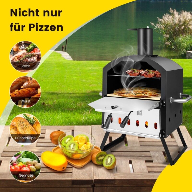 Forno Da Tavolo Per Pizza All'aperto 30cm In Acciaio Nero Portatile A Carbonella Di Legno Bbq