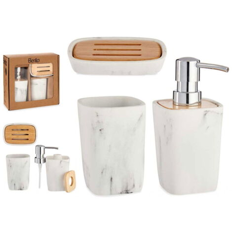 MOCHTERO Set Accessori Bagno 4 Pezzi, In Plastica E Bambù, Colore Bianco, Con Dispenser Lozione, Portaspazzolino, Bicchiere E Portasapone, Stile Minimal - 2