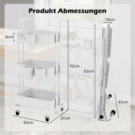 Carrello Pieghevole Con Ruote - Struttura In Metallo Bianco,2 Ripiani In Laminato Disegno Vintage 6 72 66 43 Cm Bauhaus