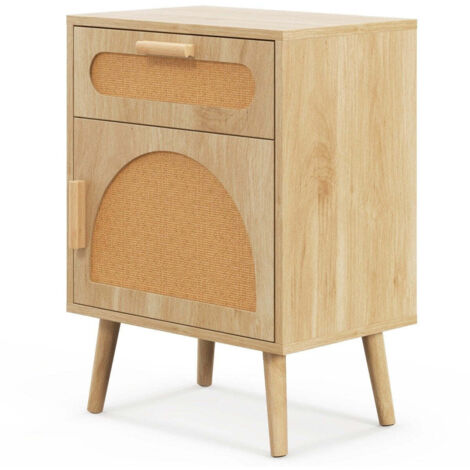 Comodino In Rattan Stile Rustico Bohémien Con Cassetto E Ripiano – Cornice Dorata, 40x30x60cm, Bianco