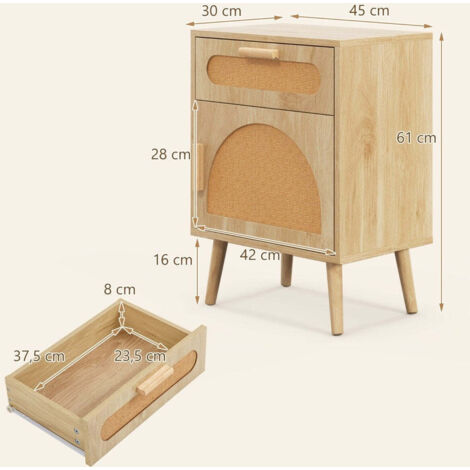 Comodino In Rattan Stile Rustico Bohémien Con Cassetto E Ripiano – Cornice Dorata, 40x30x60cm, Bianco