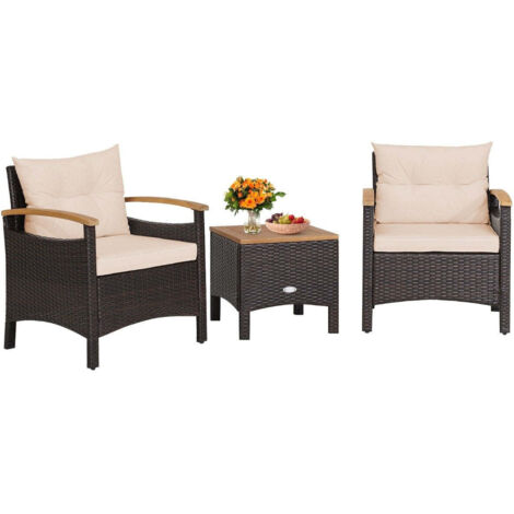 Set Giardino 3 Pezzi In Vimini PE Con Tavolino In Vetro Temperato - Sedie Con Cuscini Rimovibili Per Balcone, Piscina E Terrazzo - Stile Boho