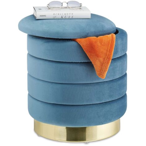 Set 2 Pouf Ottomani Rotondi In Velluto Arancione Con Contenitore – Sgabello Multiuso Per Soggiorno E Camera - 3