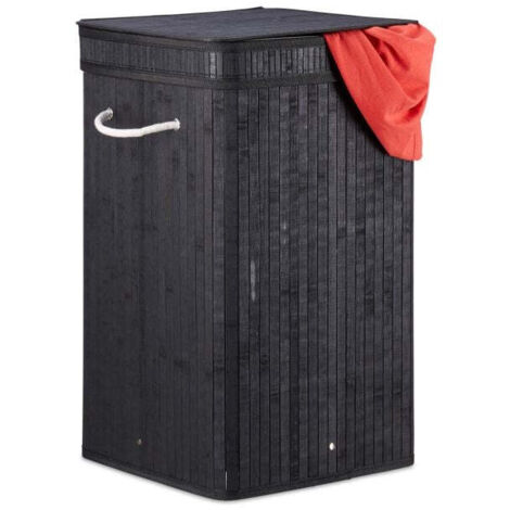 Cesto Per Biancheria Pieghevole In Bambù E Cotone Con Coperchio - Nero - Foto 4
