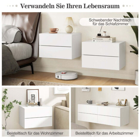 Comodino Sospenso Bianco 40x30x30 Cm Con 2 Cassetti – Mobiletto Salvaspazio Da Parete – Camera Da Letto