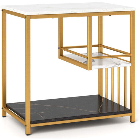 Set Di 3 Tavolini Da Salotto Moderni In Marmo E Metallo Nero, Impilabili, Misure 40/35/30 Cm, Per Soggiorno, Balcone, Ufficio