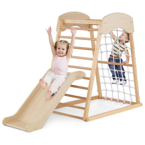 RELAX4LIFE 8 in 1 Set da Arrampicata per Bambini, Parco Giochi in Legno con Scivolo, Altalena