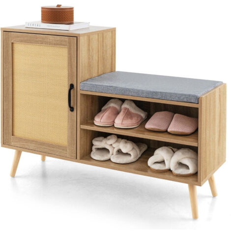 FURKO Scarpiera Con Panca E Seduta - 6 Ripiani In Tessuto - 120 Cm - Struttura In Acciaio E Top In Legno - Rustico Marrone - Per Ingresso, Corridoio O Camera Da Letto