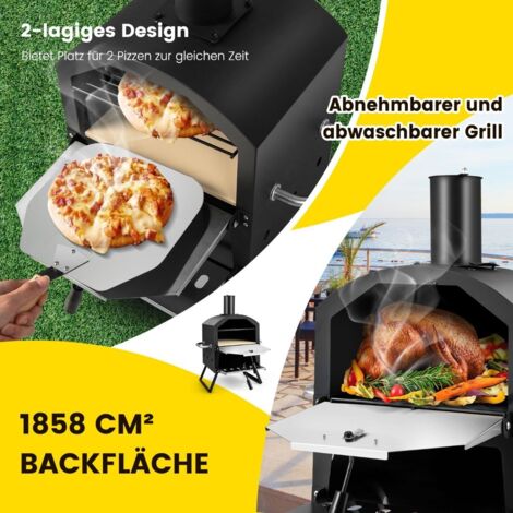 Forno Per Pizza All'aperto Happygrill Con Pietra Refrattaria 12", Termometro Doppio, Camino Regolabile, Ruote E Copertura Impermeabile