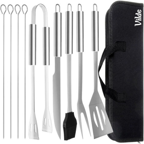 Set di utensili per griglia in acciaio con custodia, 10 pezzi.