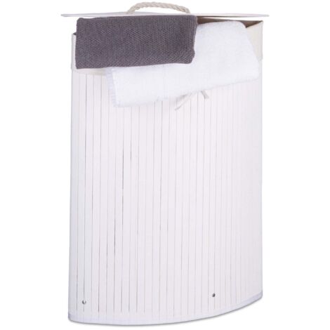 Superio - Cesto portabiancheria angolare con coperchio, 50 litri, in vimini, resistente, leggero, con manici ritagliati, panni sporchi, salvaspazio, forma curva (1 confezione, colore: bianco fumo