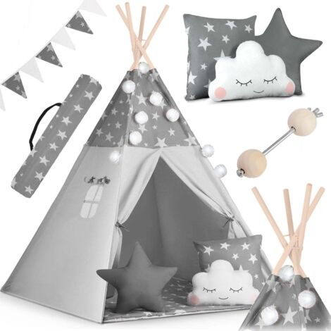 Tenda tipi per bambini con ghirlanda e cordino luminoso nukido - grigia con stelle