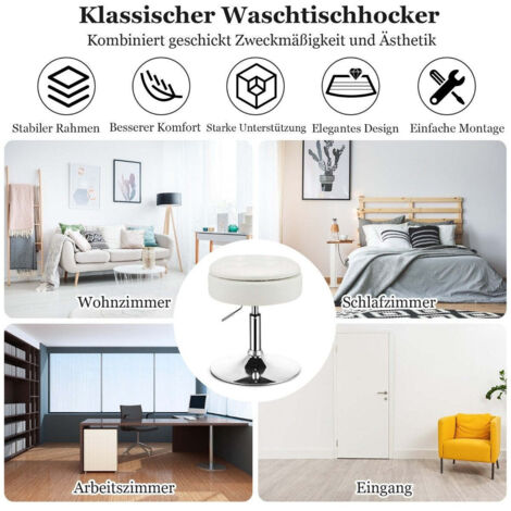 Sgabello da vanità con schienale pieghevole con contenitore, sgabello rotondo con schienale, pouf con ruote, sedia da toeletta con contenitore, piccola sedia girevole per soggiorno e camera da letto